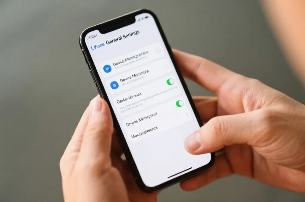 A close-up of hands holding an iPhone navigating the General settings and Device Management screen