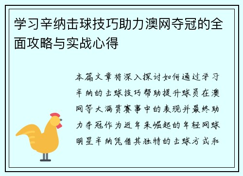 学习辛纳击球技巧助力澳网夺冠的全面攻略与实战心得